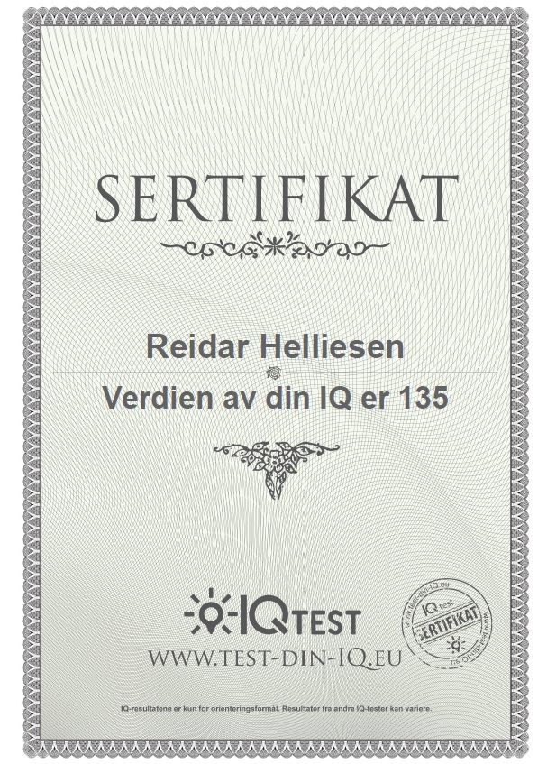 Veldig moro å klare 135 i IQ test. Da skal man være blant verdens 2 prosent smarteste dersom testen stemmer. 