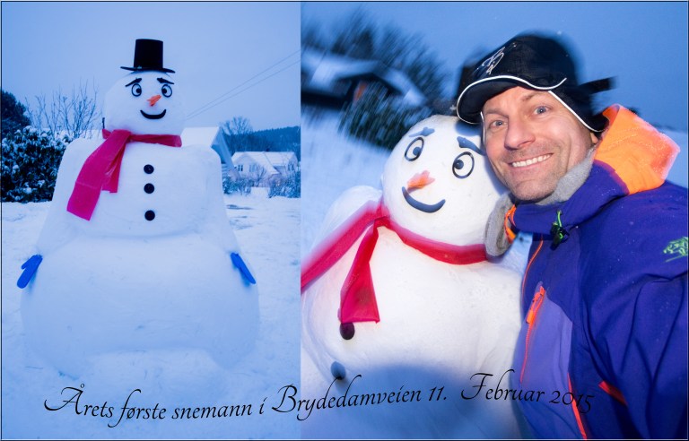 Sammen med barnene gikk vi i gang med å bygge årets første snemann. En snemann som har blitt vår venn. Han speider ut over Preståsen i sin flotte staselige flosshatt. 
